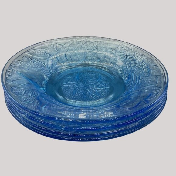 KIG Ice Blue Glass Plates Set Of 4 VTG Fruit Embossed Decorative Trinket Dish - Picture 1 of 10